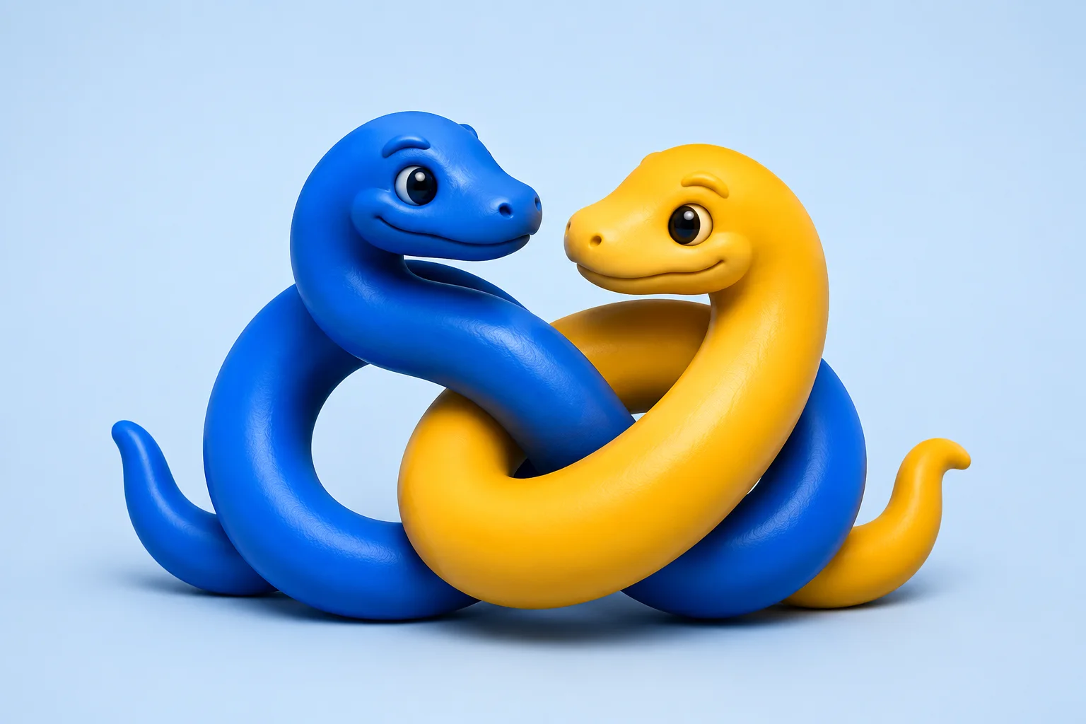 Объёмные синий и жёлтый питоны — символы знакомства с Python